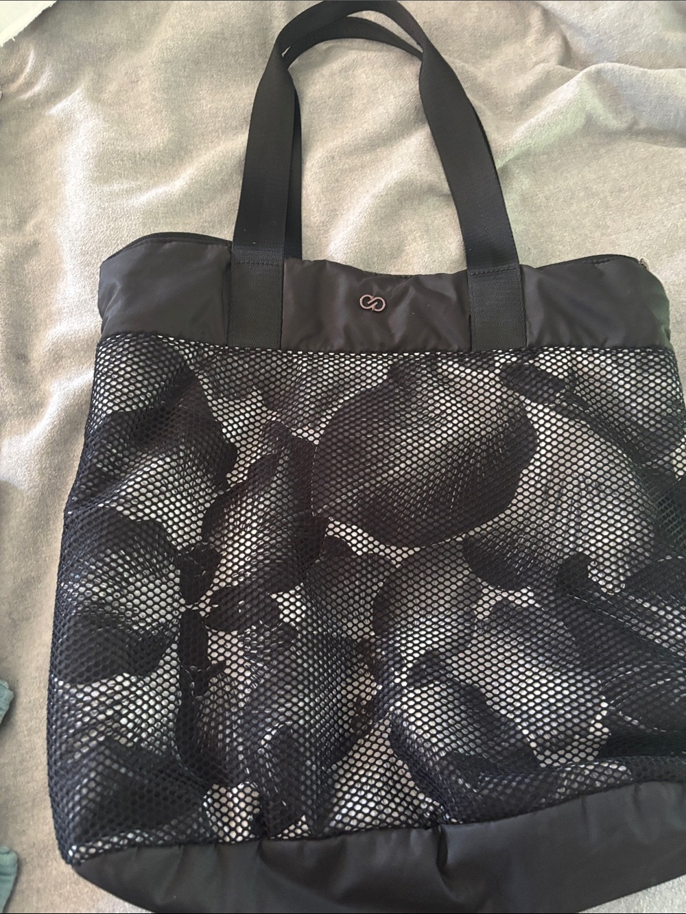 Black Mesh Tote Bag with Floral Underlay